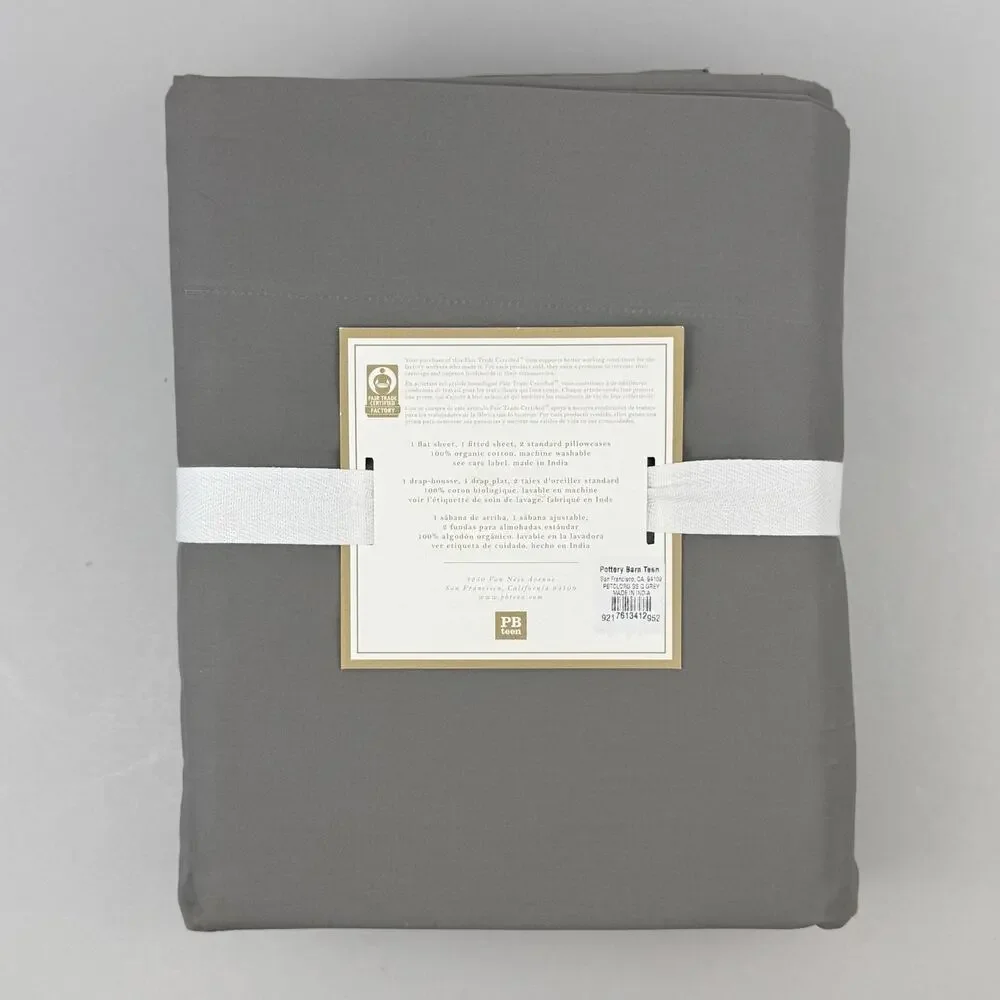Pottery Barn Teen Classic Organic Sheet Set QUEEN Gray Organic Cotton New